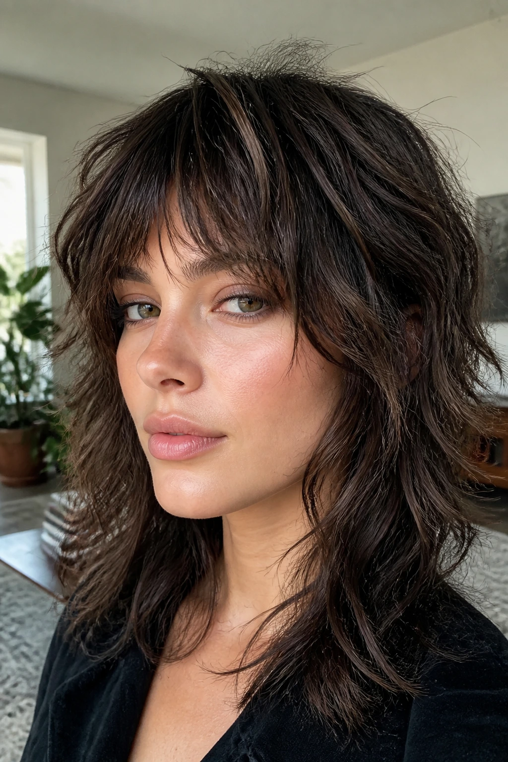Close-up real woman with messy shag cut and grungy texture in living room