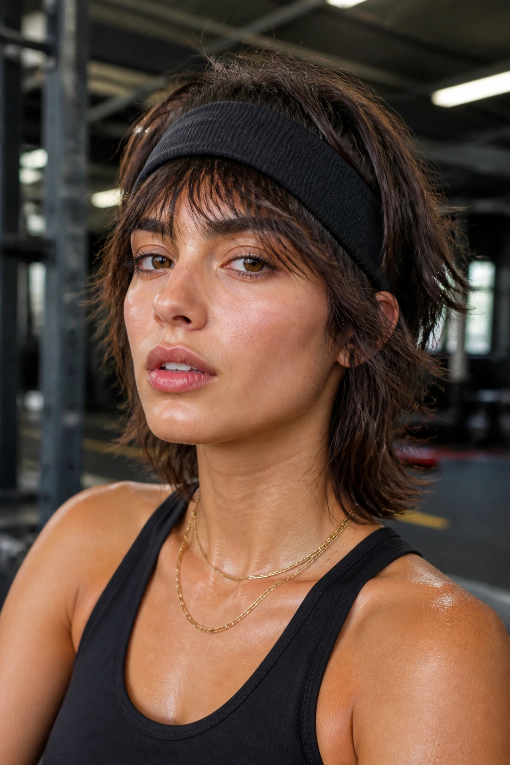 Real person with messy shag and wide sweatband during workout