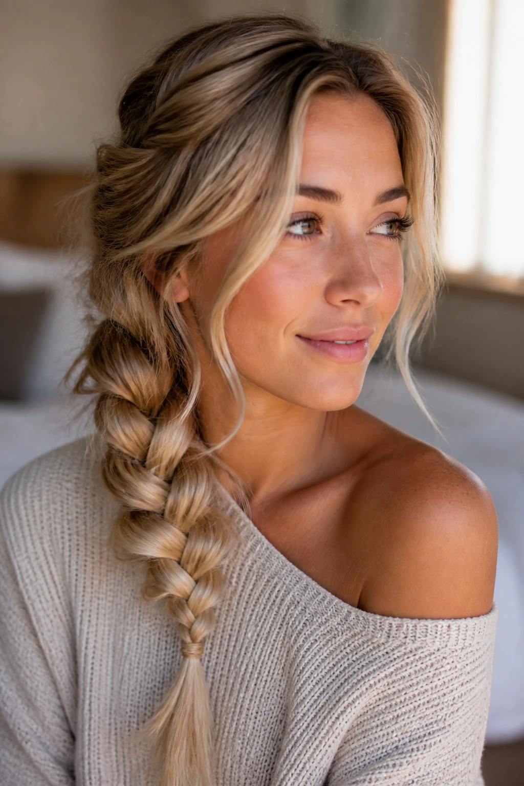 Close-up of a real blonde woman with a messy three-strand side braid in morning light