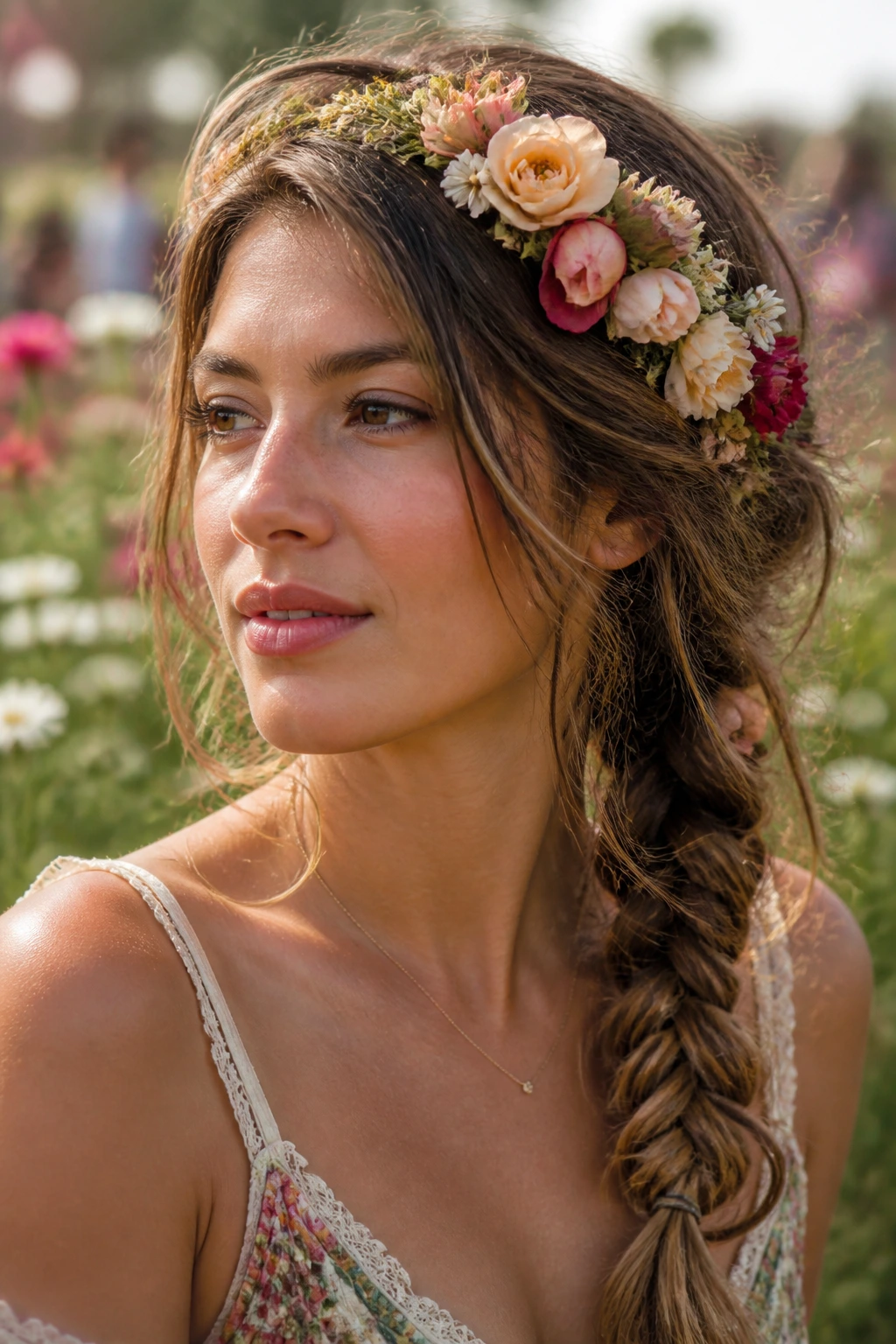 Close-up of messy side braid with flower crown on real woman