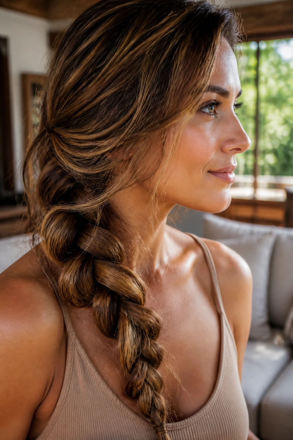 Close-up of a real woman with a voluminous messy side braid over one shoulder