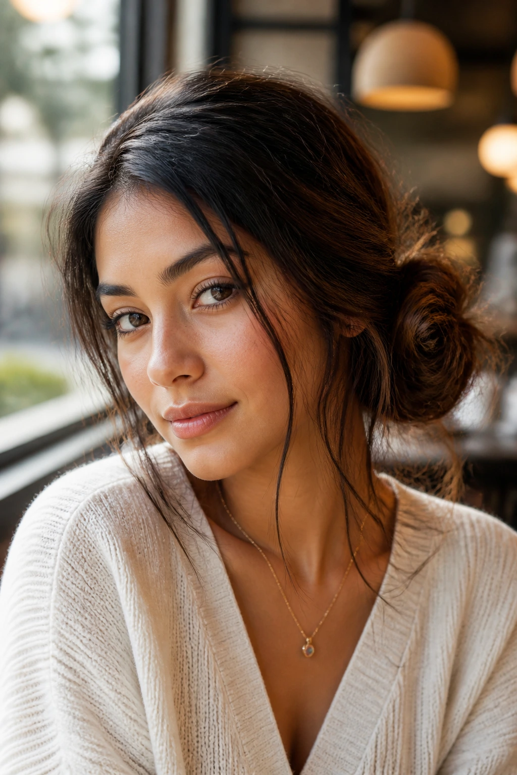 Close-up of Messy Side Bun on a real woman with a relaxed bun behind the ear