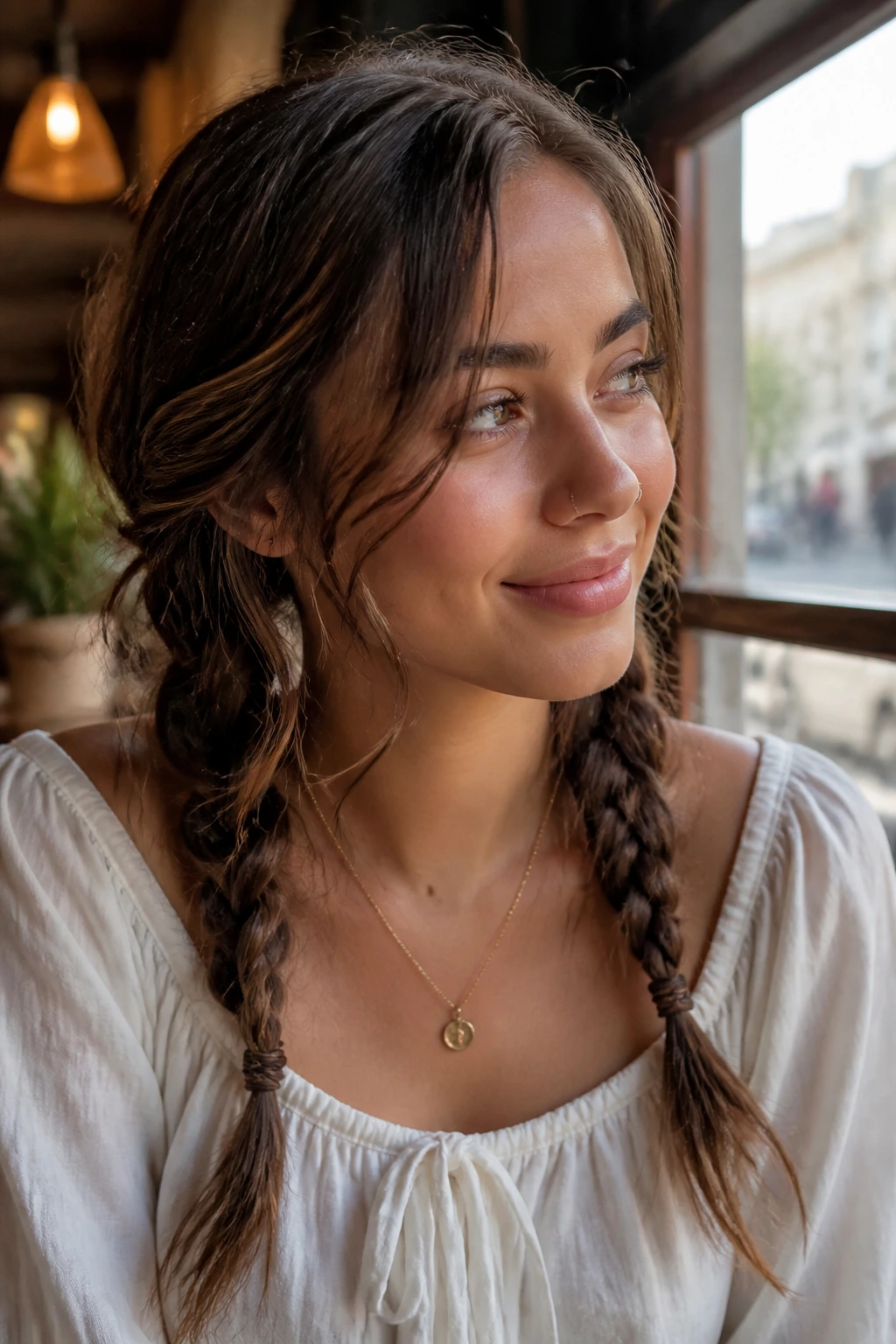 Close-up of a real woman's head with a deep side-part and messy side pigtails