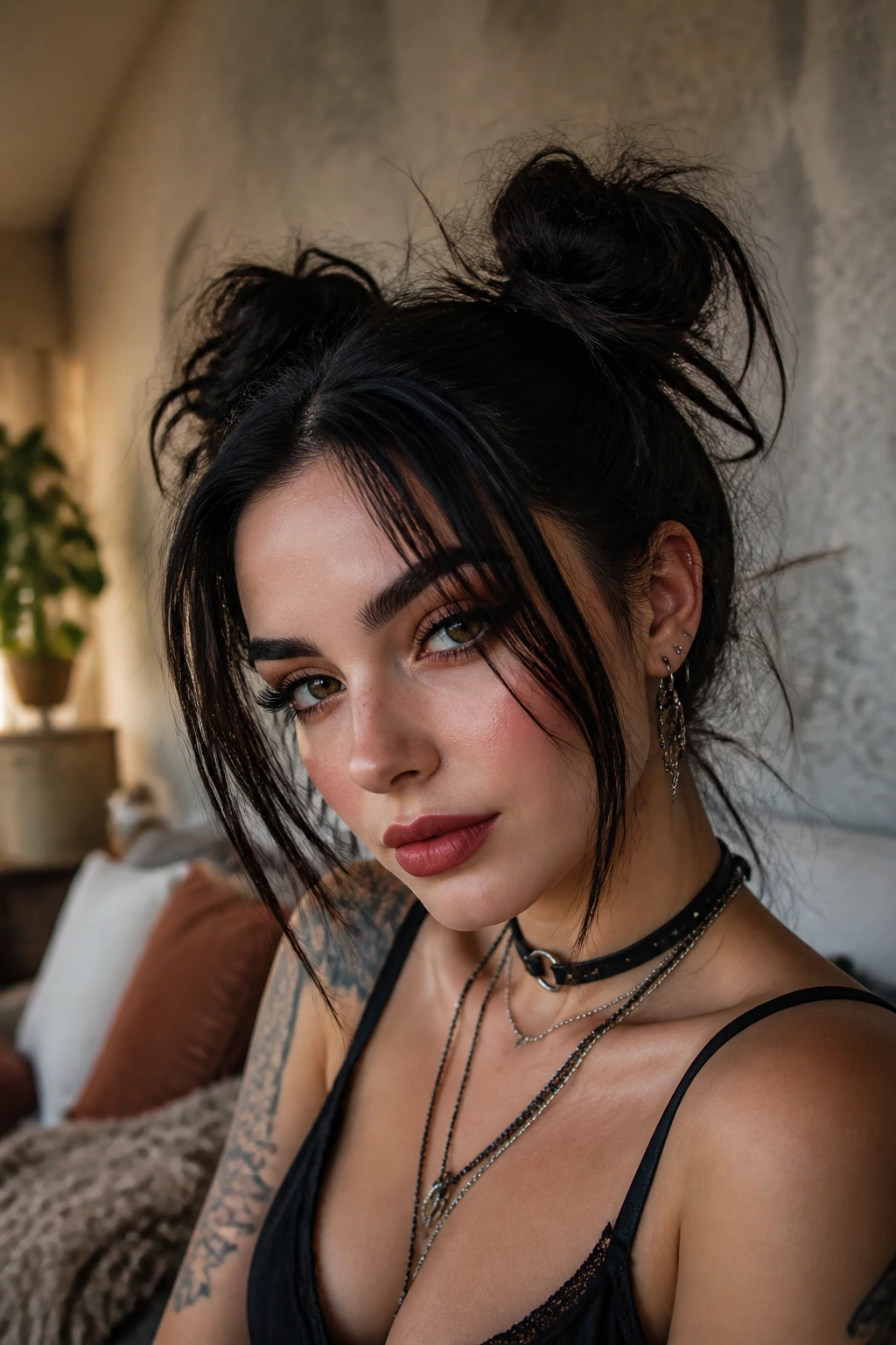 Close-up of a real person with messy space buns and face-framing layers