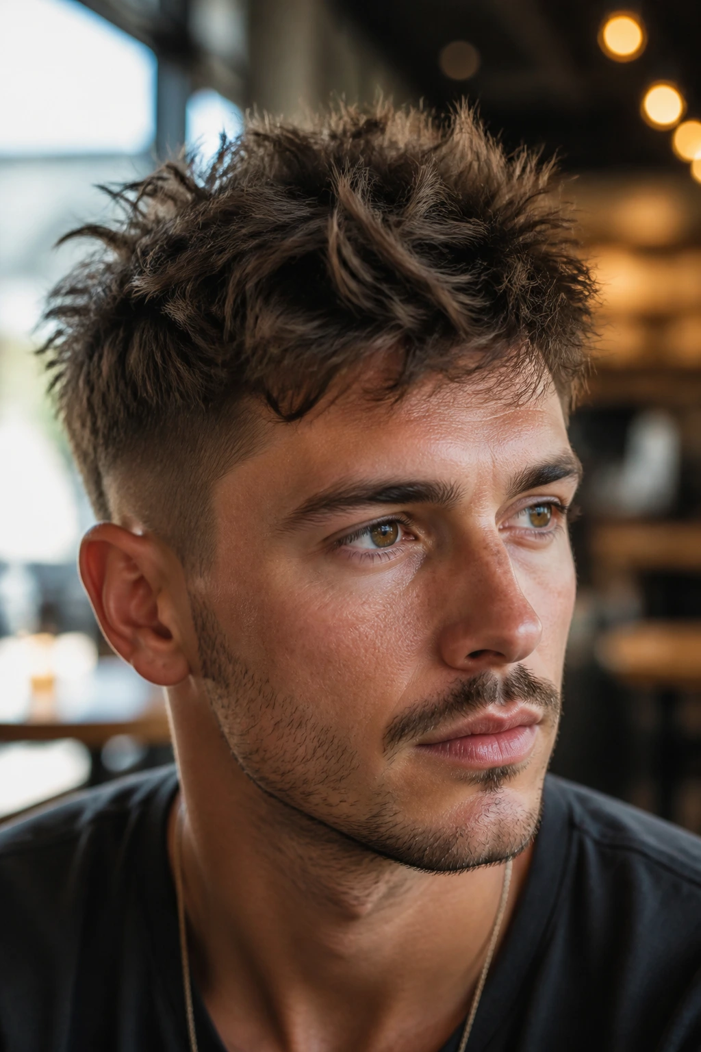 Real man with a messy spiky crop in a warm cafe setting