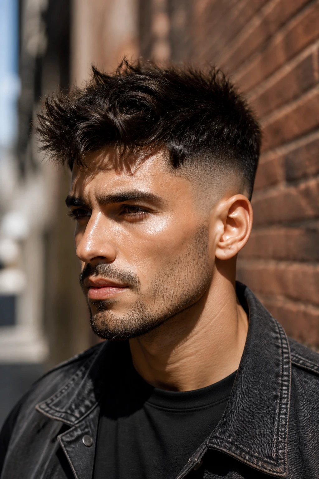 Close-up portrait of a man with a messy spiky fade against a brick wall