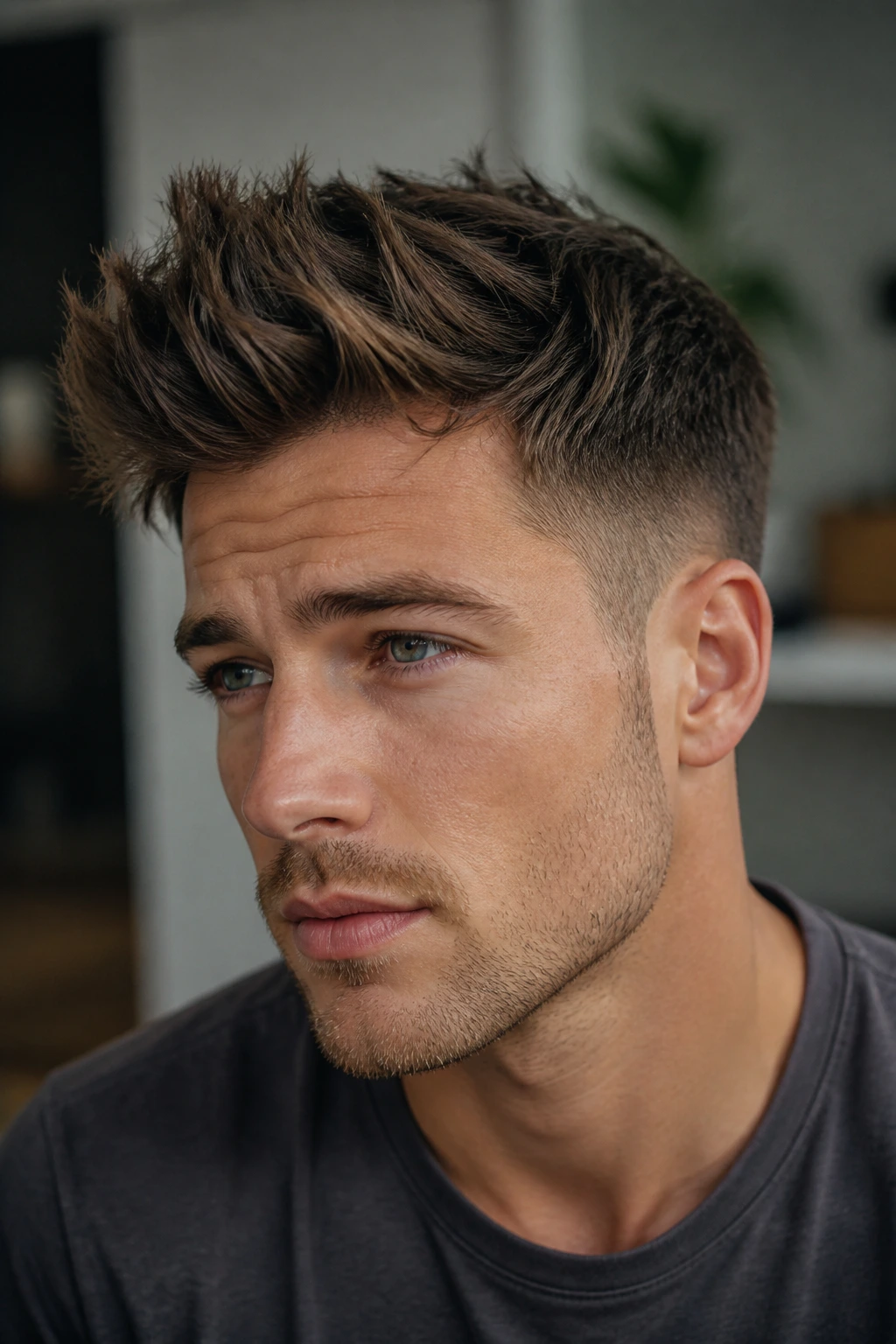 Portrait of a real person with messy spiky quiff and tapered sides