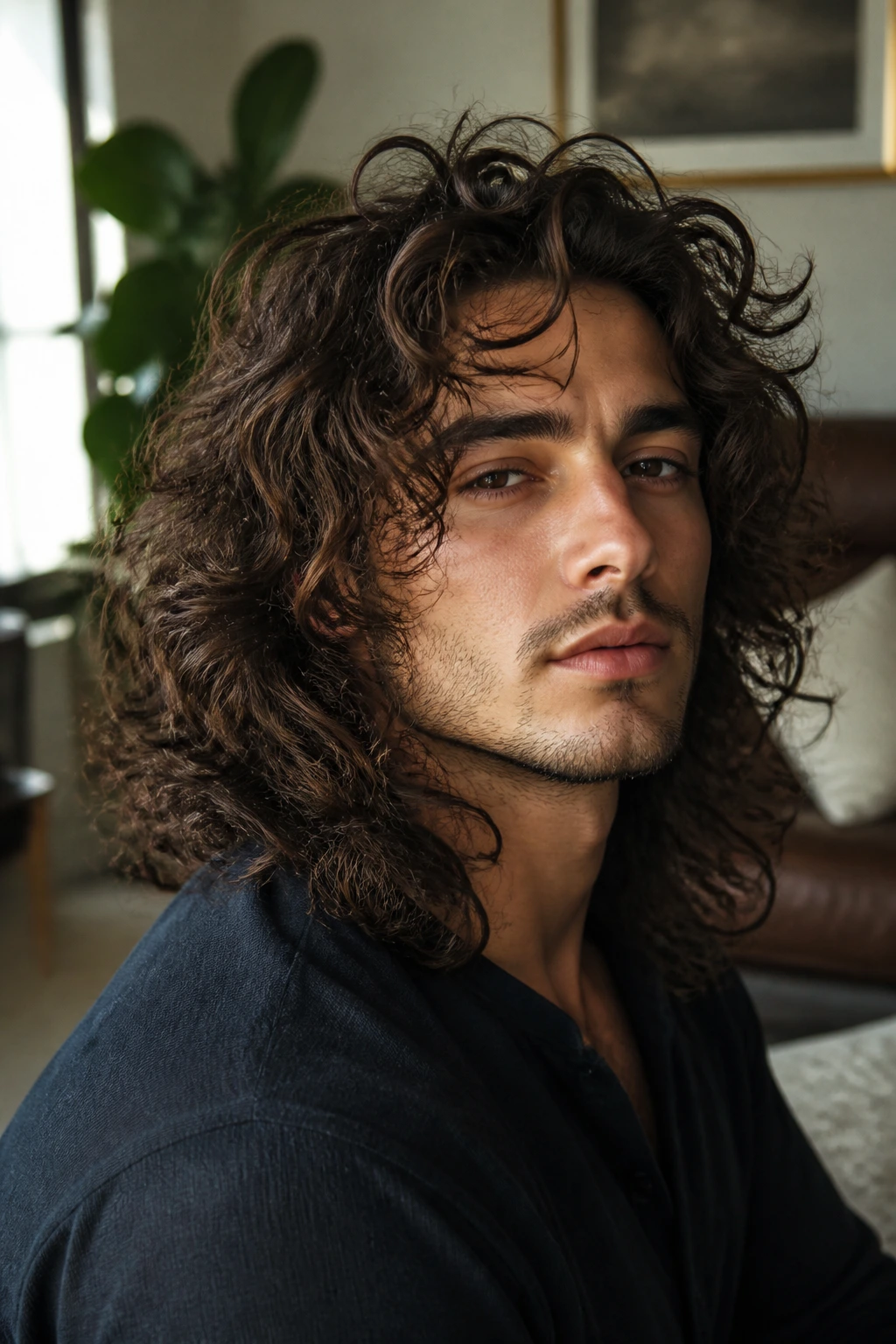 Portrait of a real person with long layered curly hair
