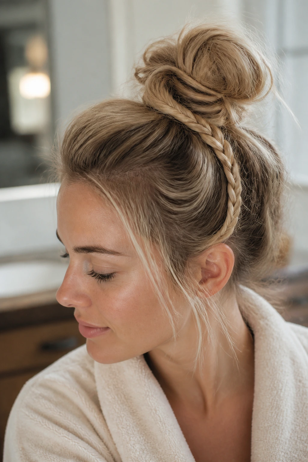 Close-up of a real blonde woman with a braided tail in a messy top knot