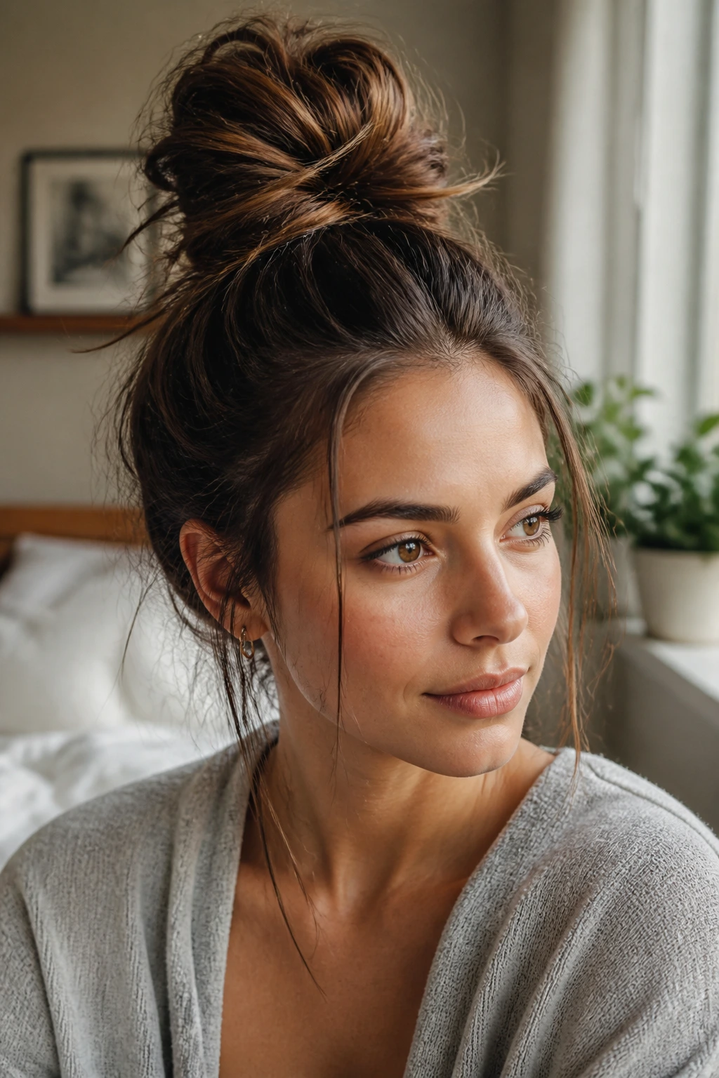 Close-up of a real woman with a messy top knot