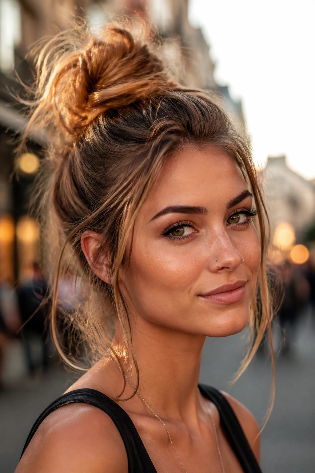 Real woman with a messy top-knot in golden hour street setting
