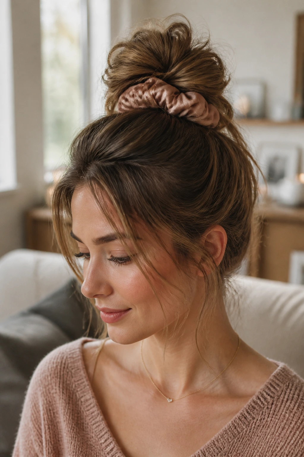 Portrait of a woman with a messy top knot and wispy pieces around the face.