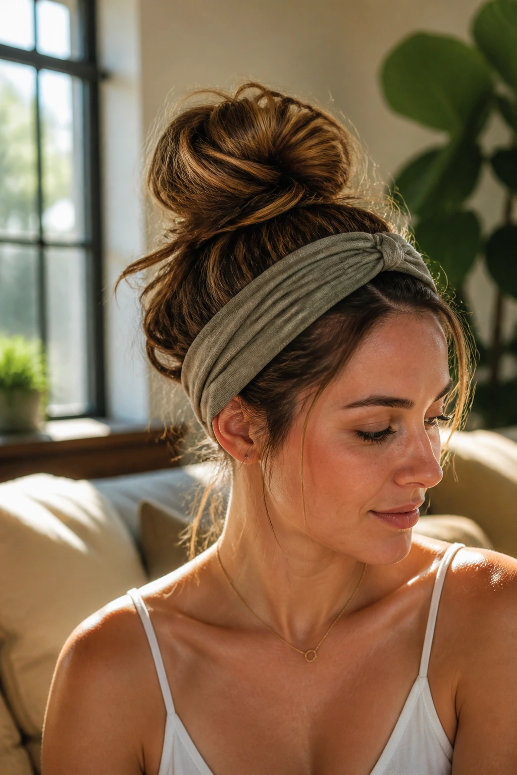 Close-up of a messy top knot with a wide fabric headband on a real person