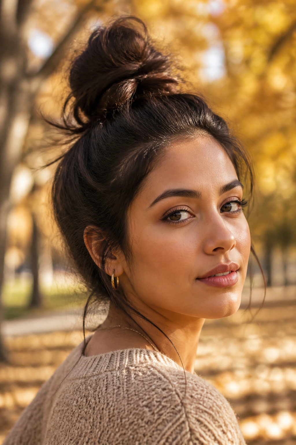 Portrait of a woman with a messy top knot and loose strands