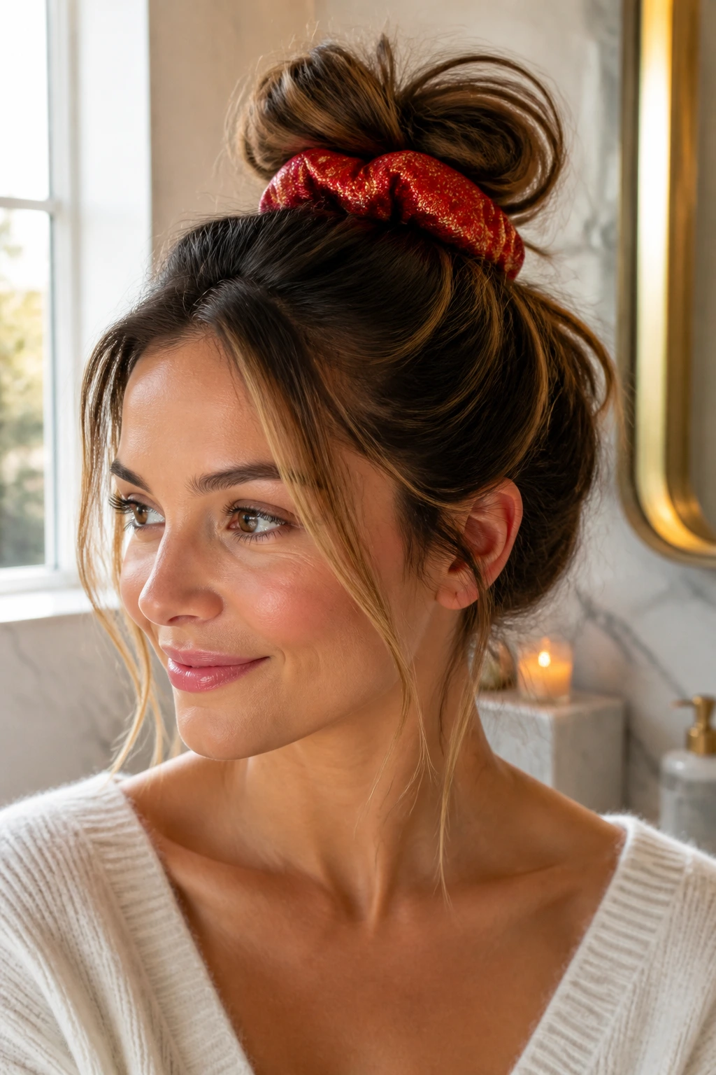Close-up of a real woman with a messy topknot and festive scrunchie