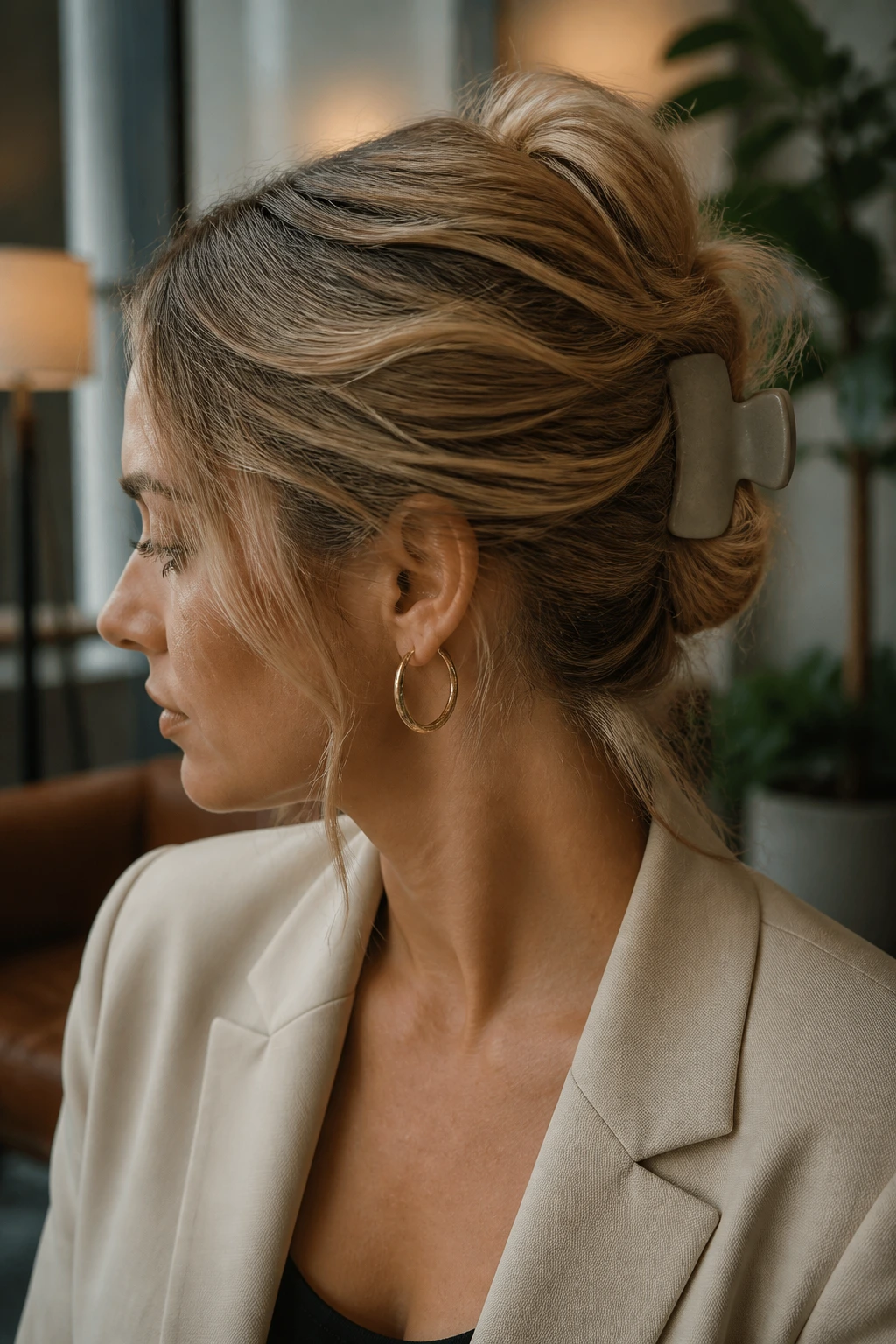Close-up of a real person with a messy French twist secured by a matte clip in a stylish office lounge