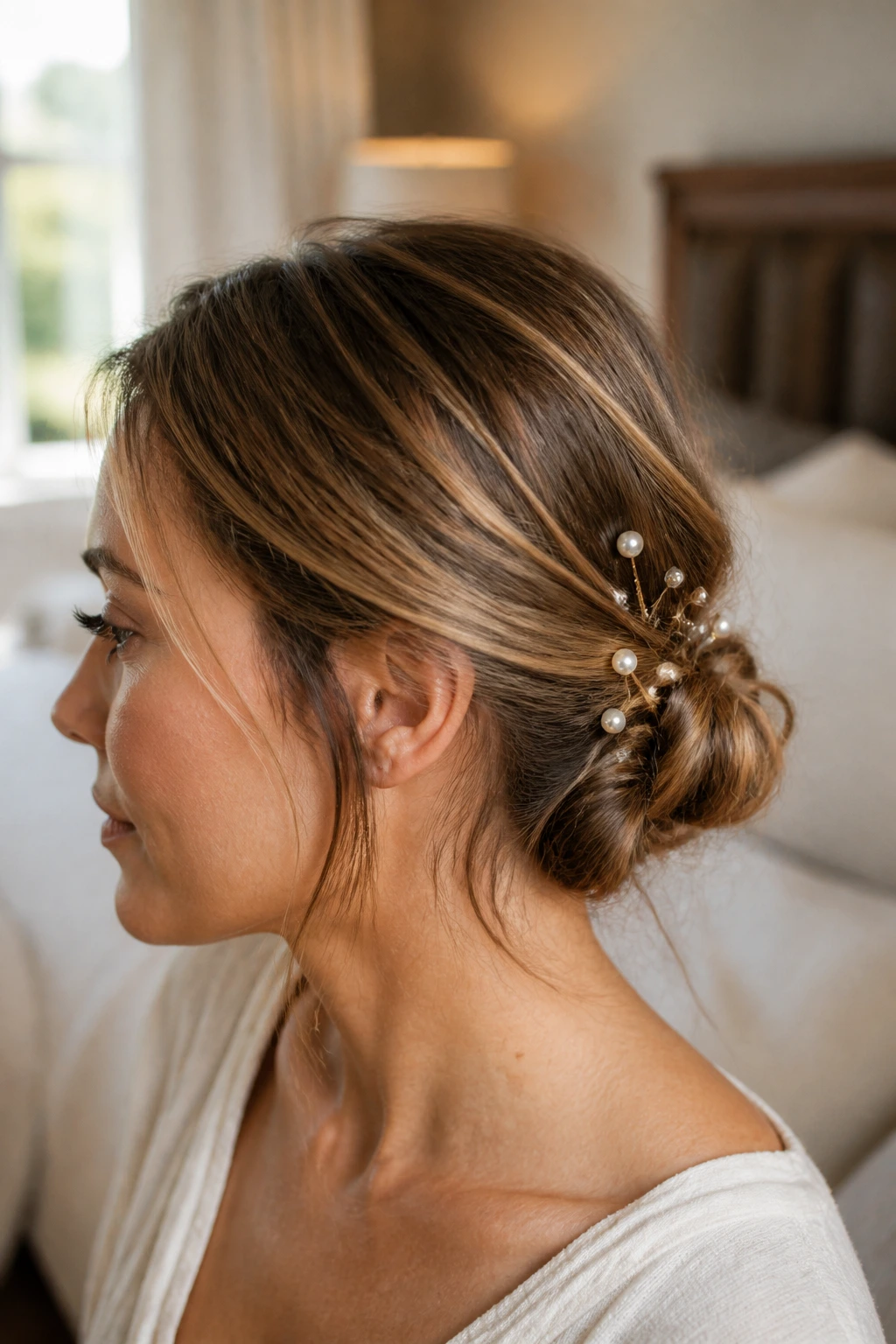 Close-up of a real woman with a messy low twist and pearl pins in warm bedroom light