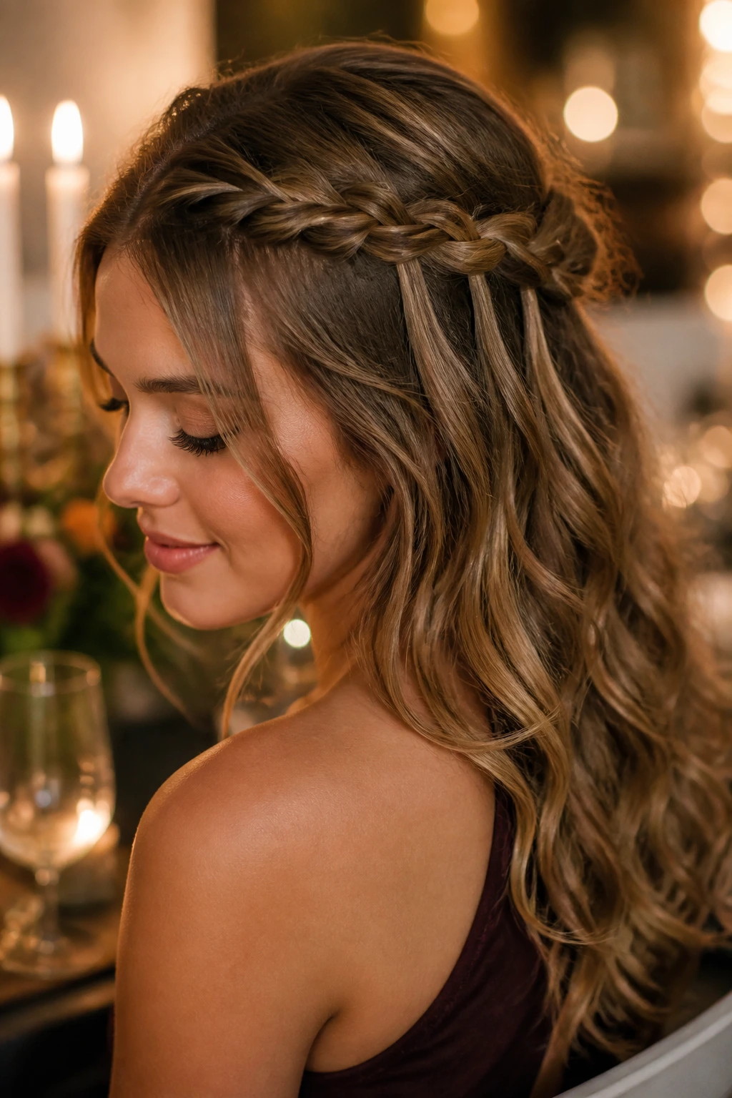 Close-up of a real woman with a messy waterfall braid in warm dinner light