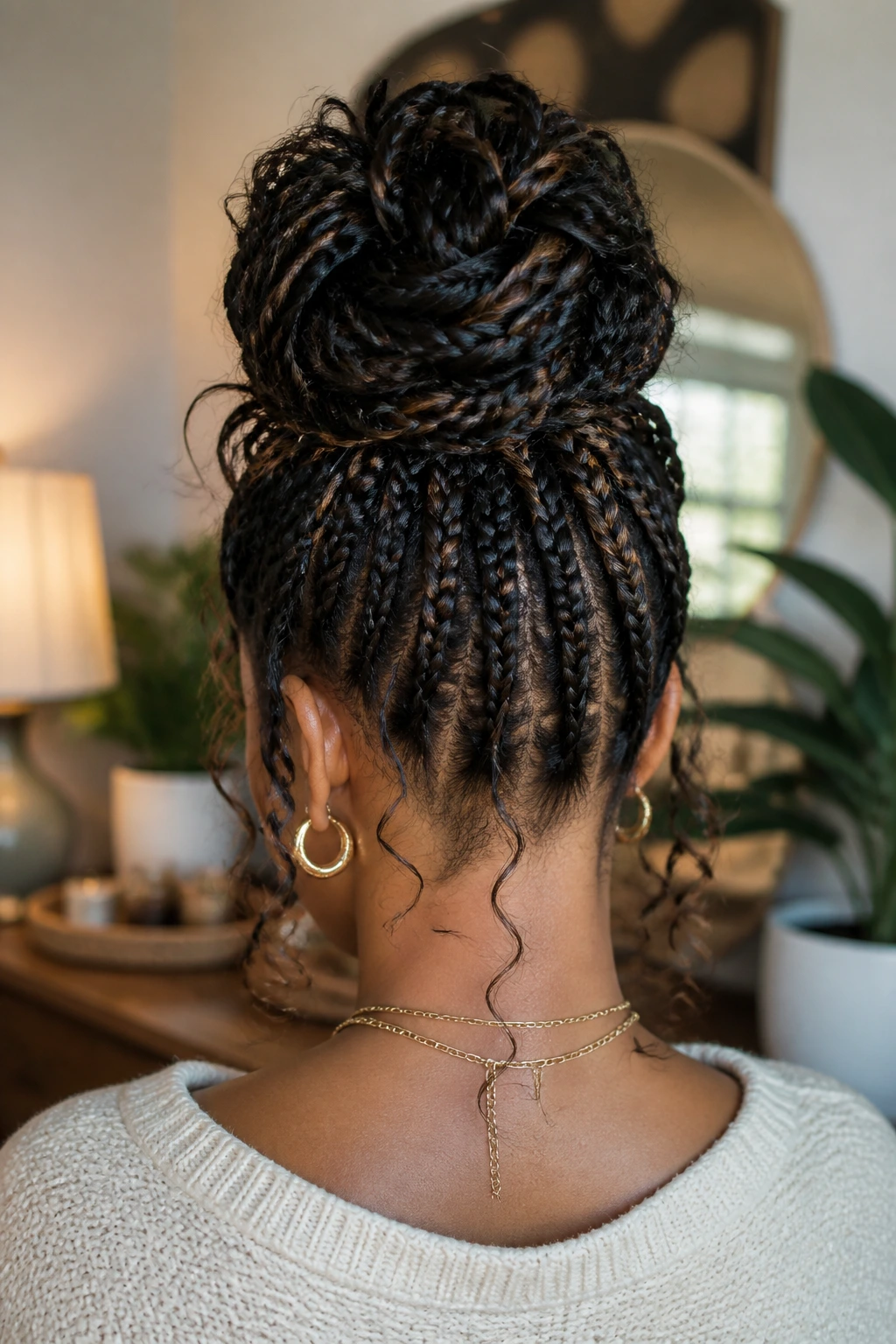 Back view of a real woman with a massive messy bun made from goddess braids