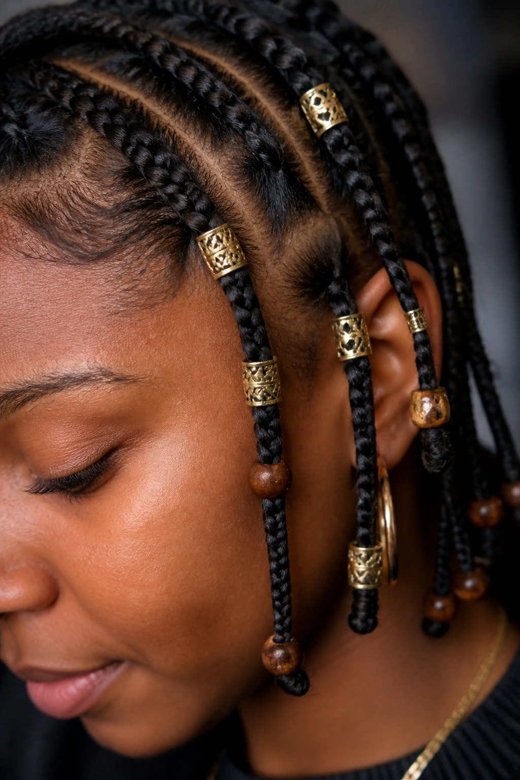 Close-up of geometric metal cuffs and beads on a real person's braids