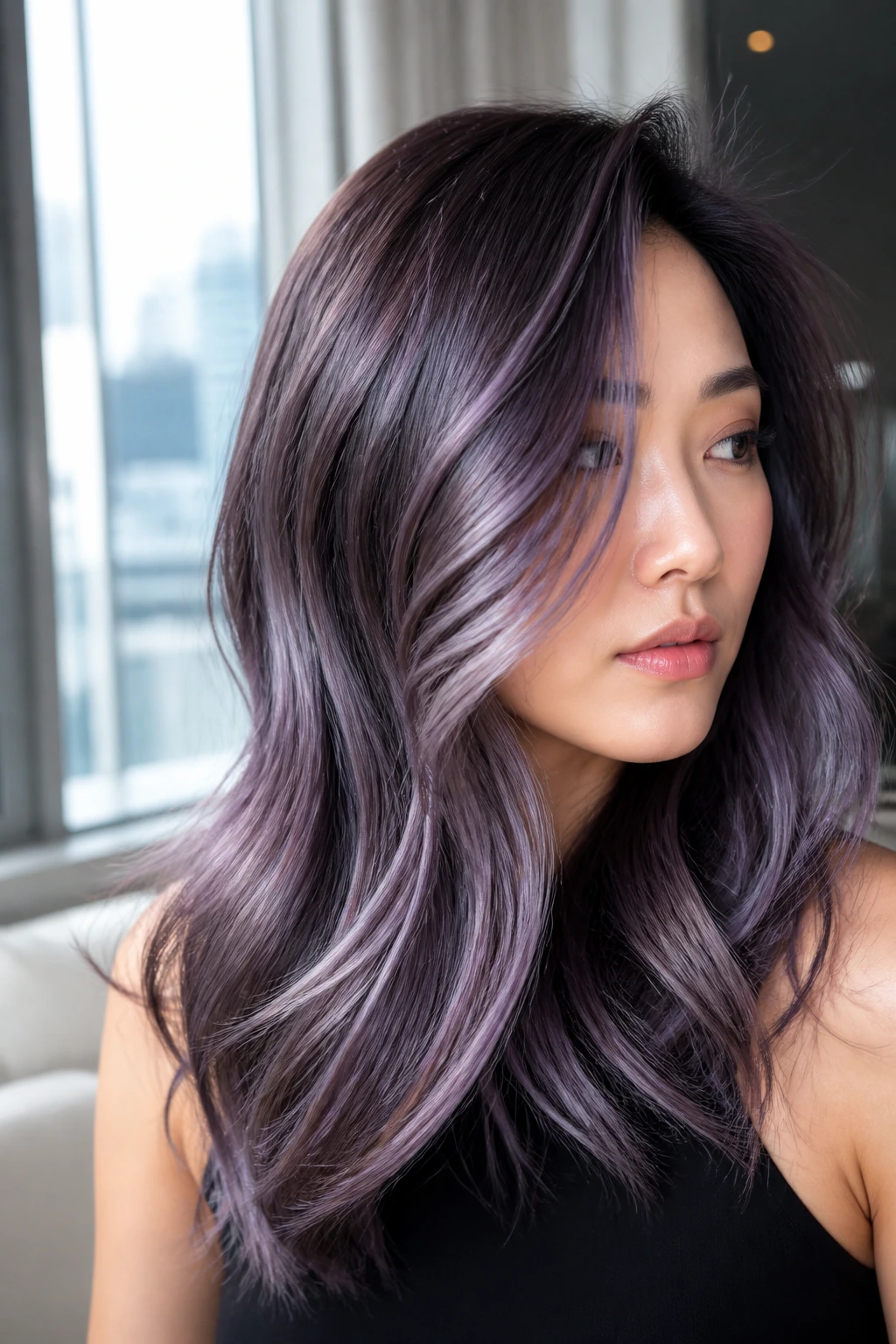 Close-up of a real person with metallic amethyst balayage and silver sheen
