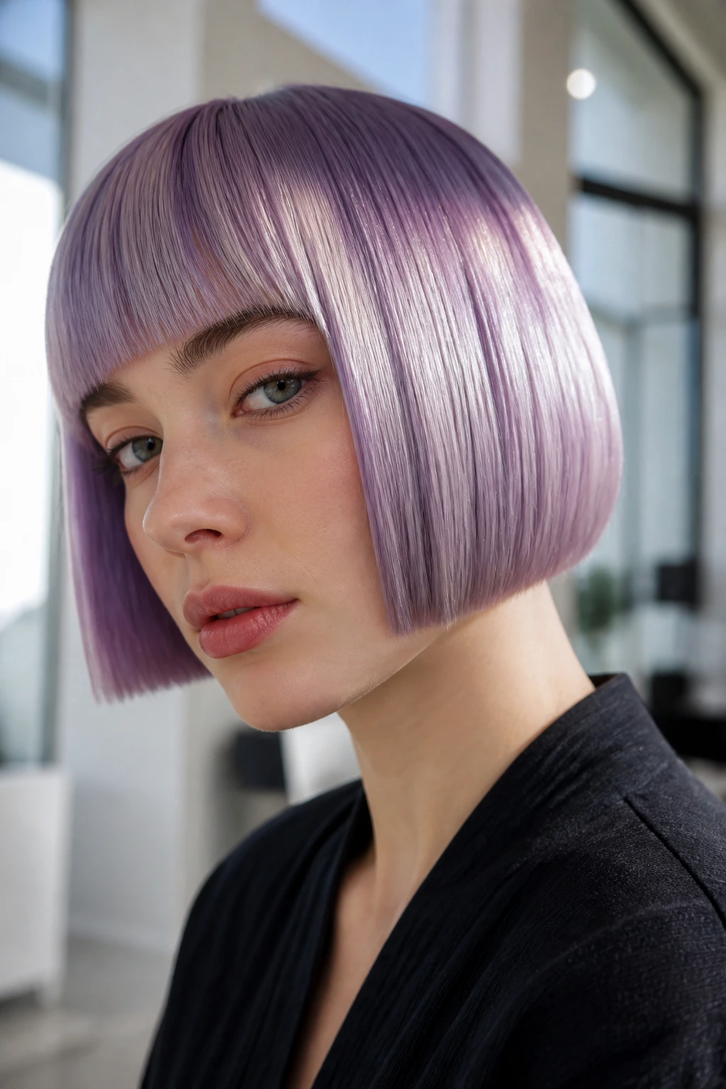 Close-up of real person with metallic lavender blunt bob
