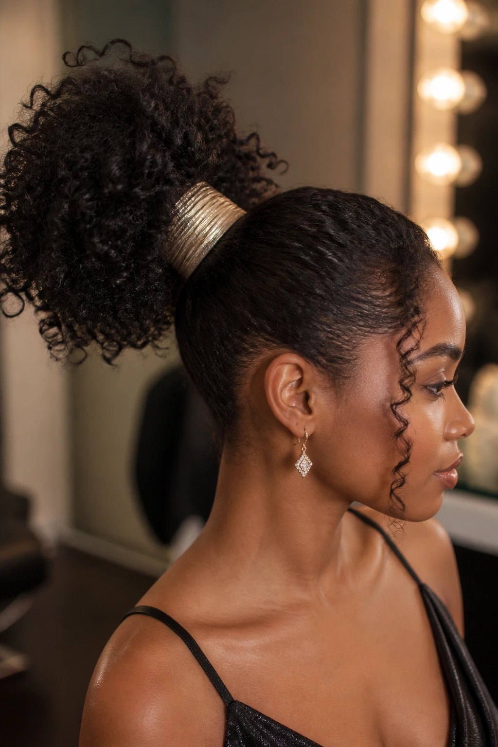Close-up of a real woman with a high puff hairstyle wrapped with a metallic leather cord at the base of the ponytail