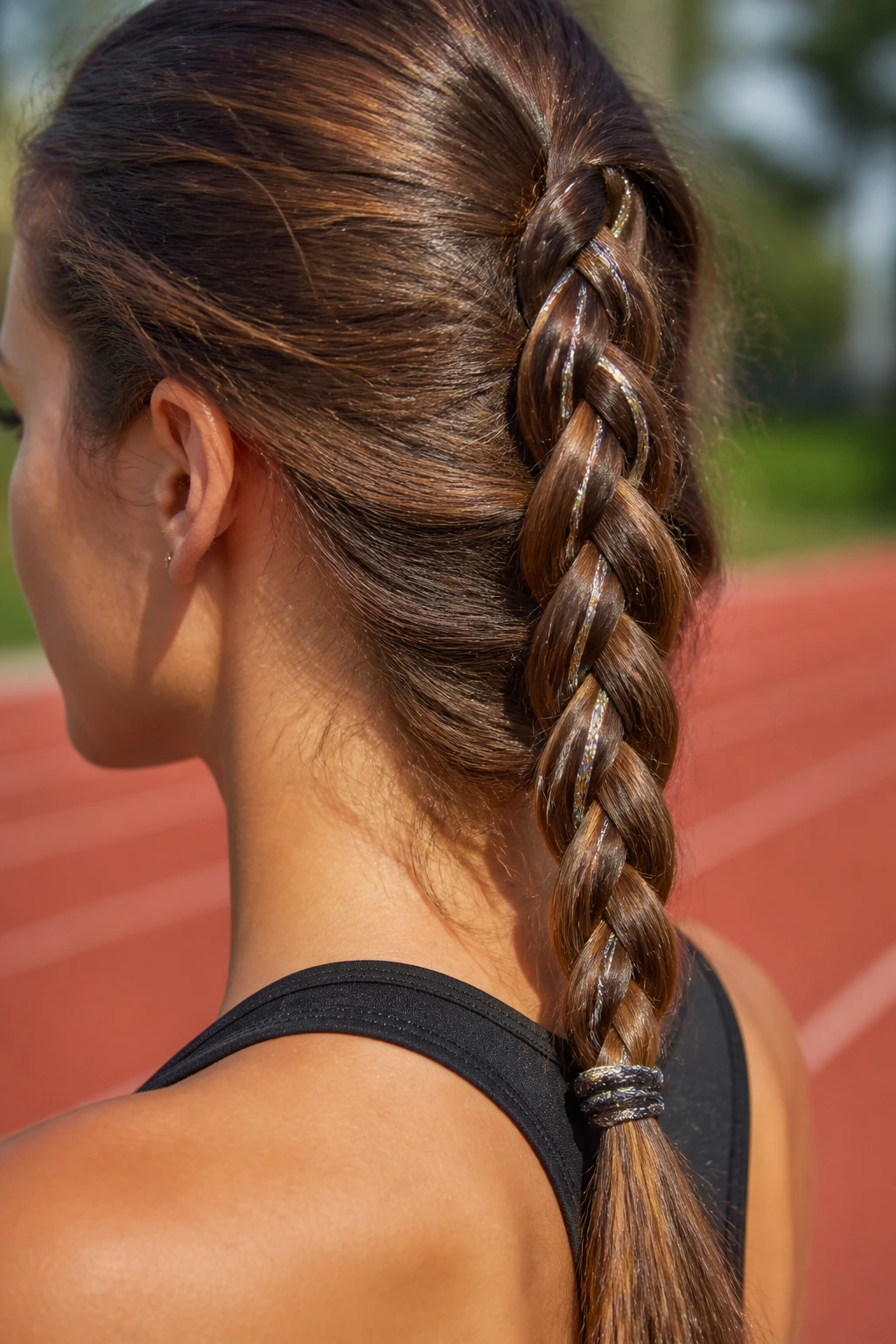 Close-up of braided hair with metallic-threaded ties woven through a three-strand braid