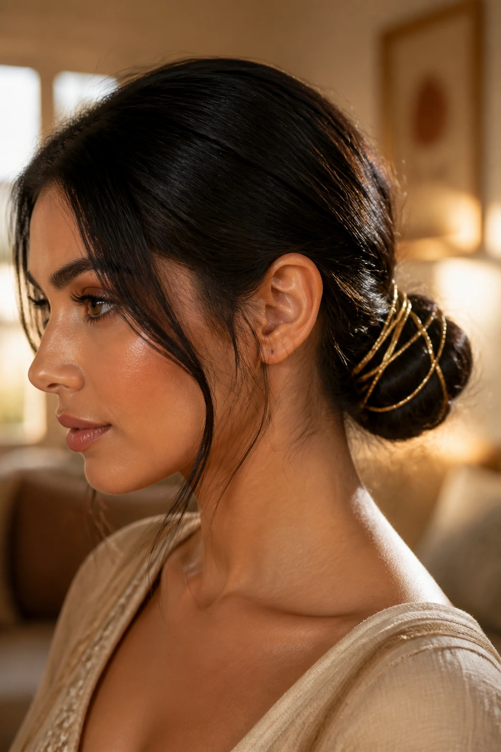 Close-up of a real woman with a low bun wrapped in metallic gold thread.