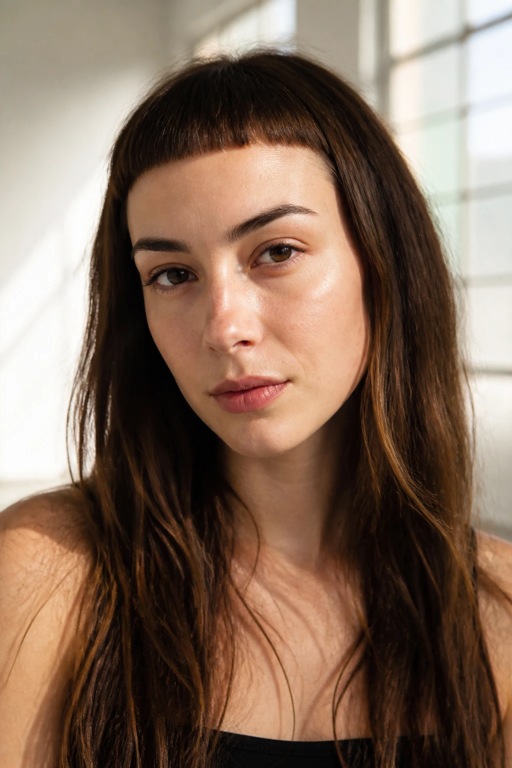 Close-up of a real woman with micro baby straight-across bangs exposing the forehead.