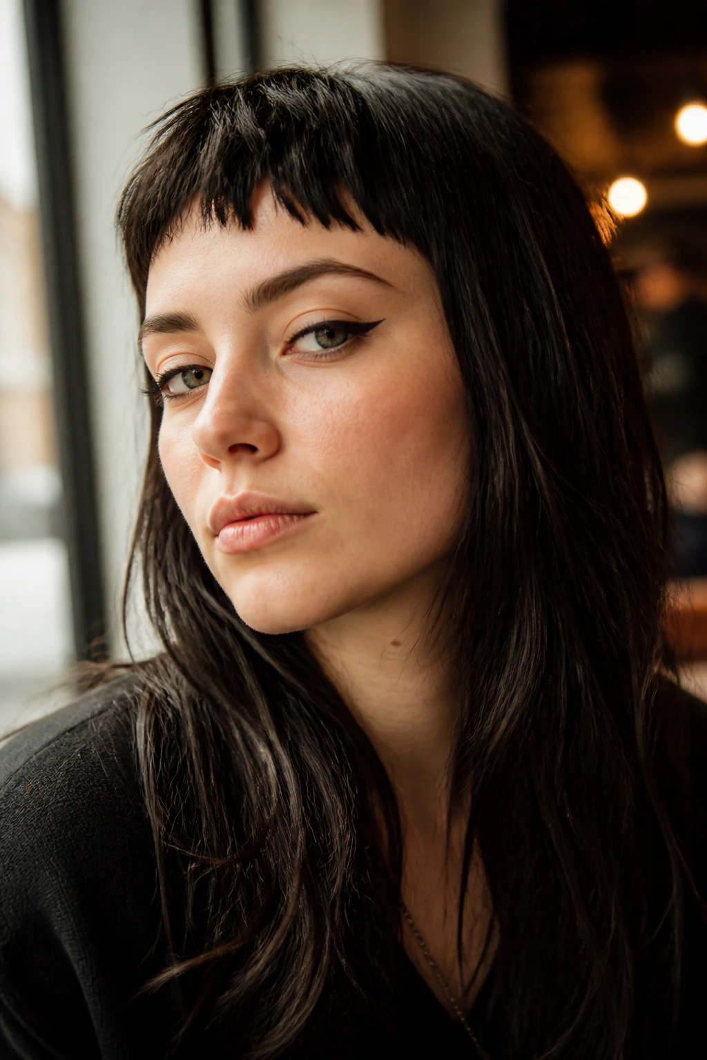 Close-up of a real woman with micro baby bangs above the brows in urban window light
