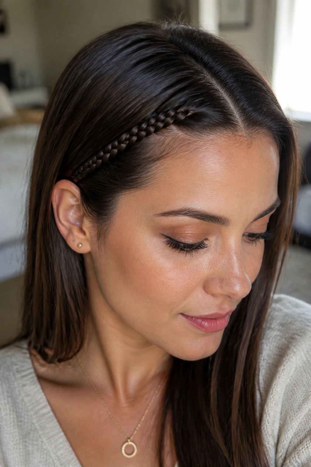 Close-up portrait of a real woman with a small micro-banana braid at the hairline near the temple.