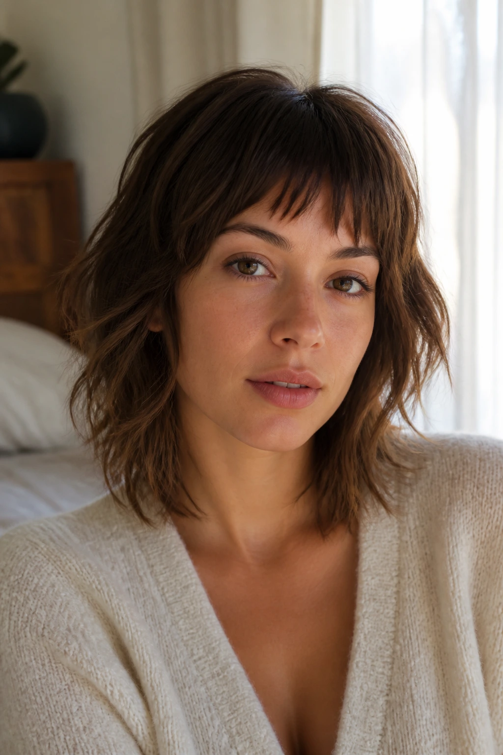Close-up of a real woman with micro-bang shag and voluminous lob.