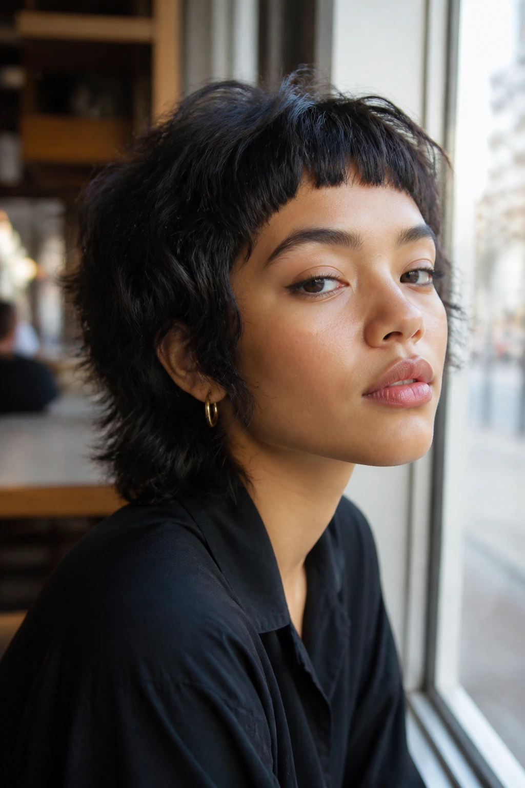 Close-up of a woman with micro-bangs and a voluminous shag in an urban setting.