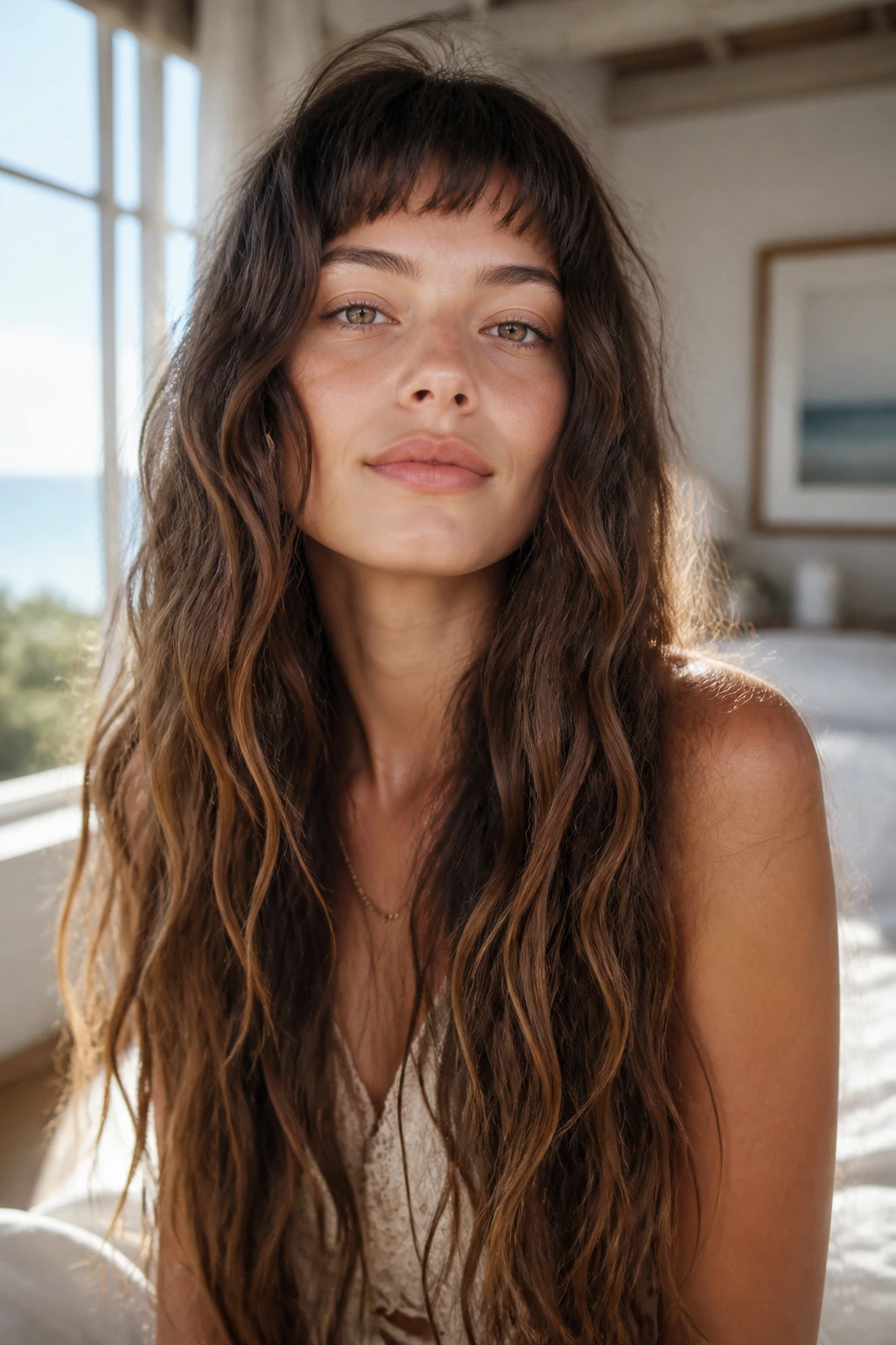 Close-up portrait of a woman with choppy micro-bangs and waist-length beachy waves in natural window light