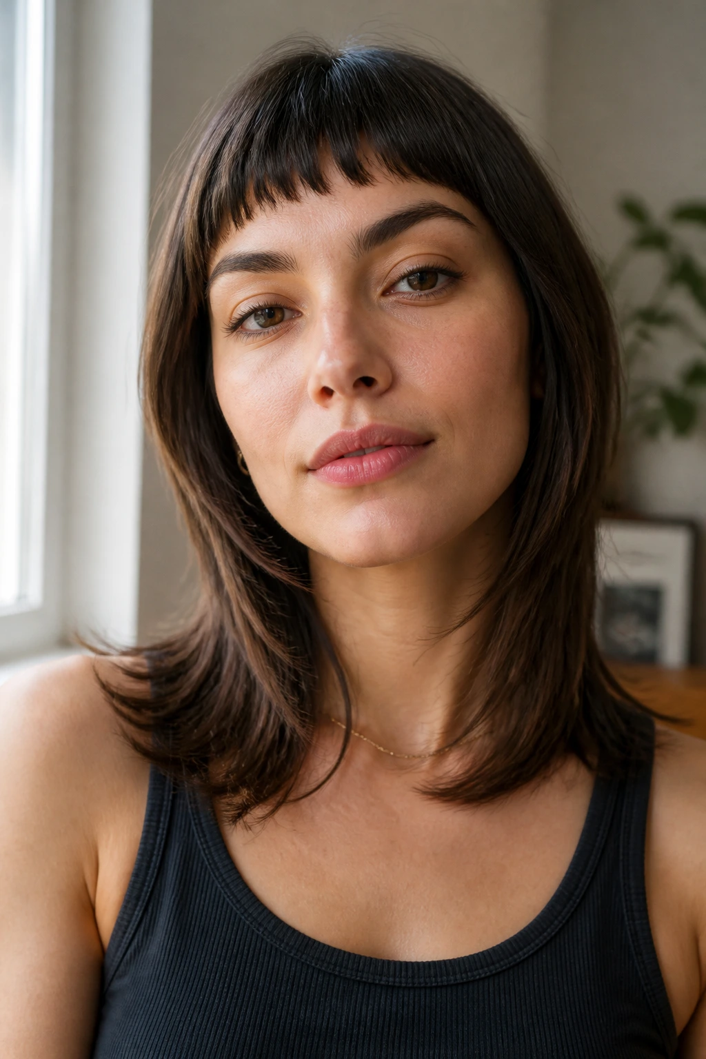Close-up of a real woman with micro-bangs and softly graduated collarbone cut