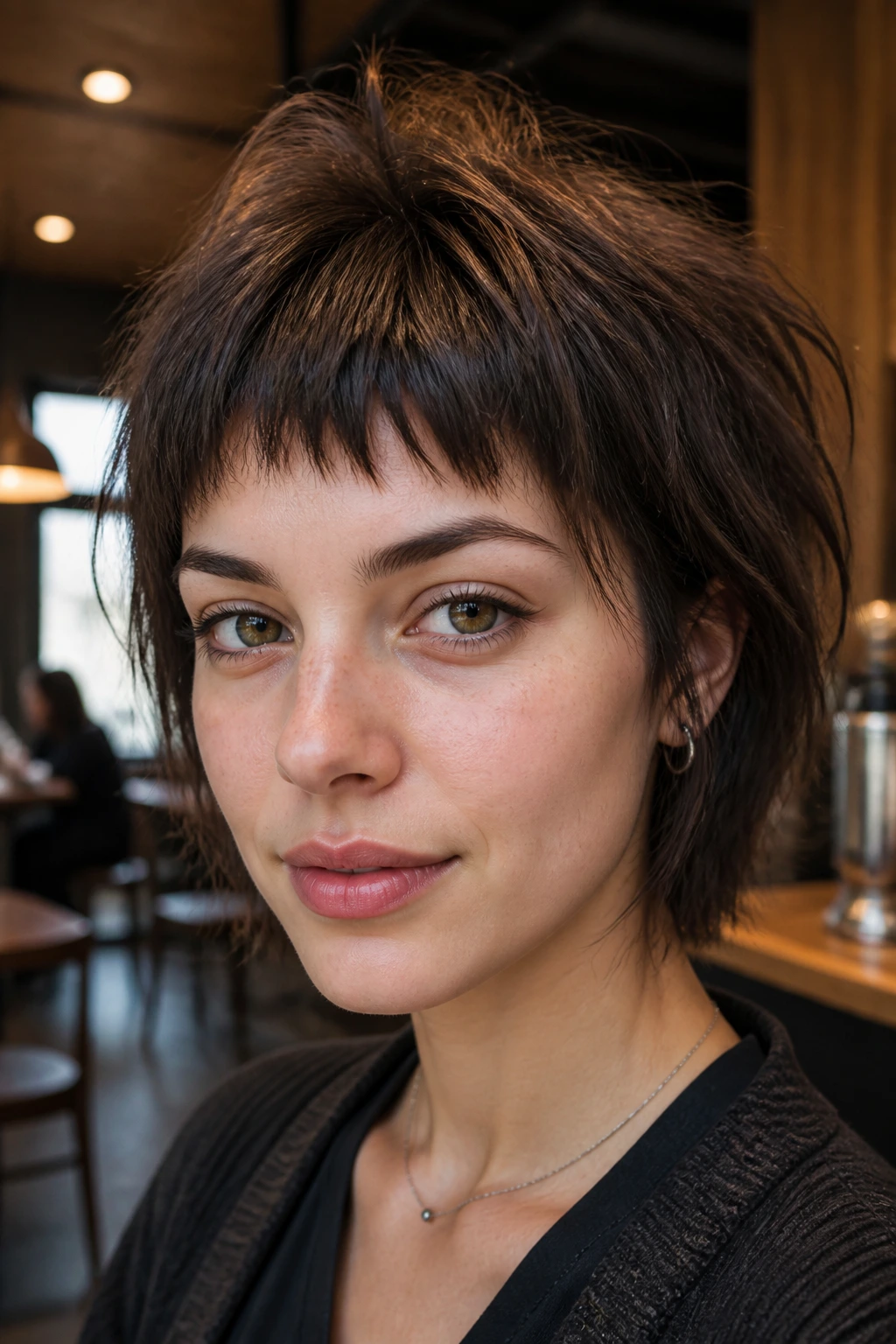 Portrait of a real person with feathered micro bangs and crown layers