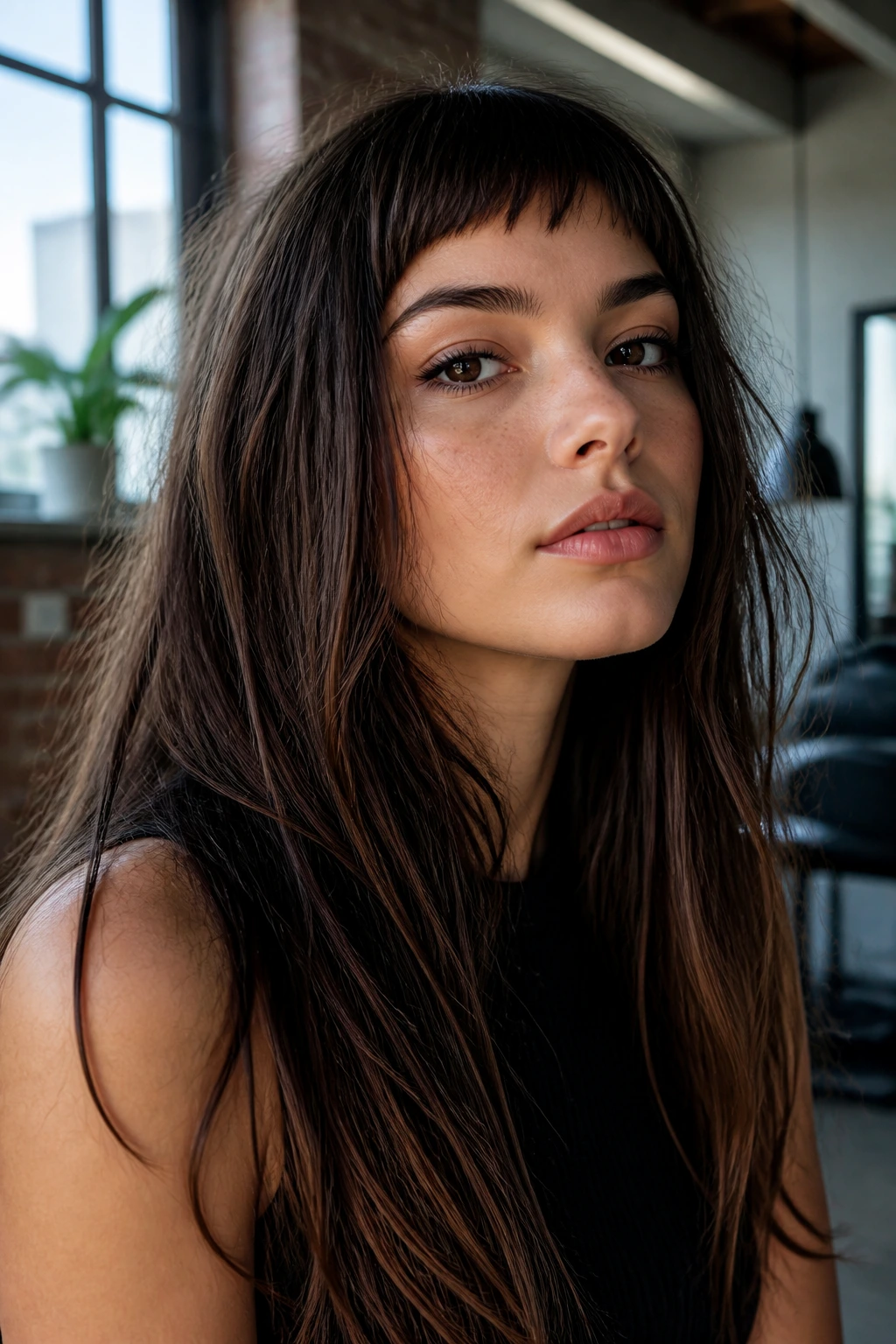 Close-up of a real woman with micro sweeping bangs and long hair in an urban setting