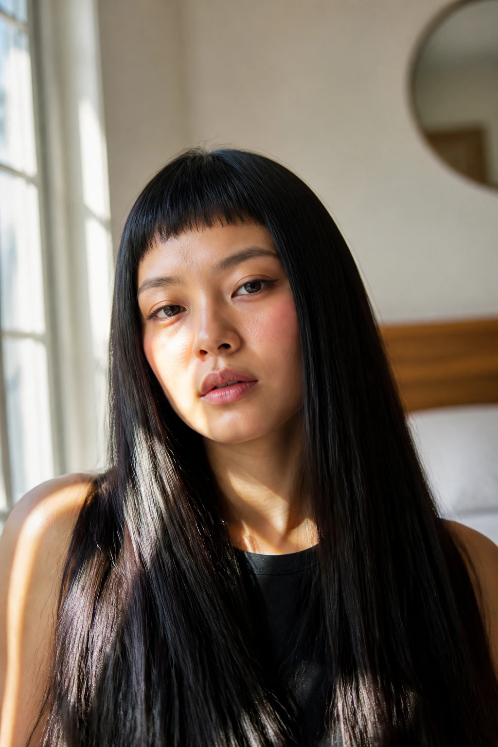 Close-up of a real woman with micro bangs and ultra-long straight hair in warm window light