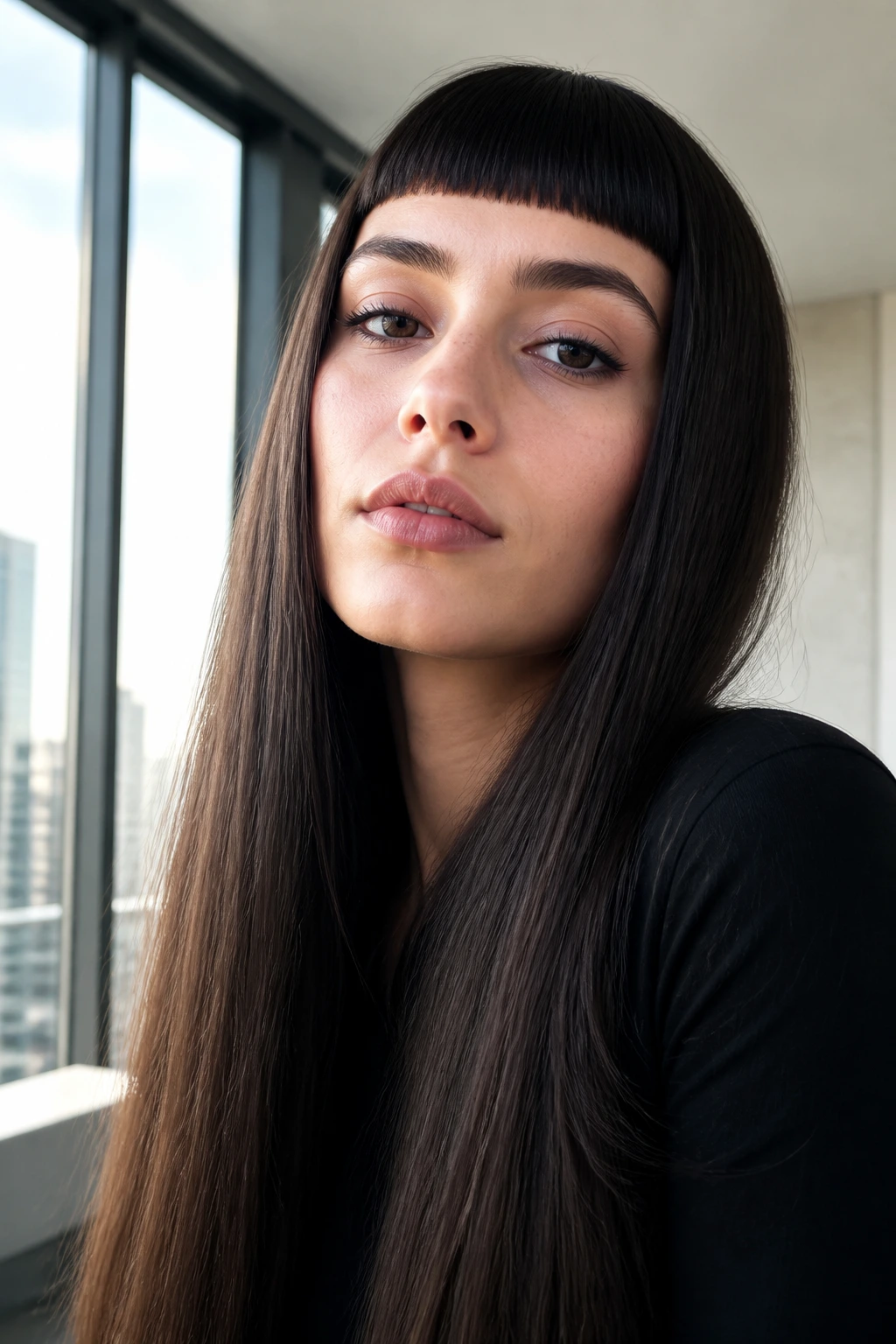 Portrait of a woman with micro-bangs and ultra-long sleek hair.