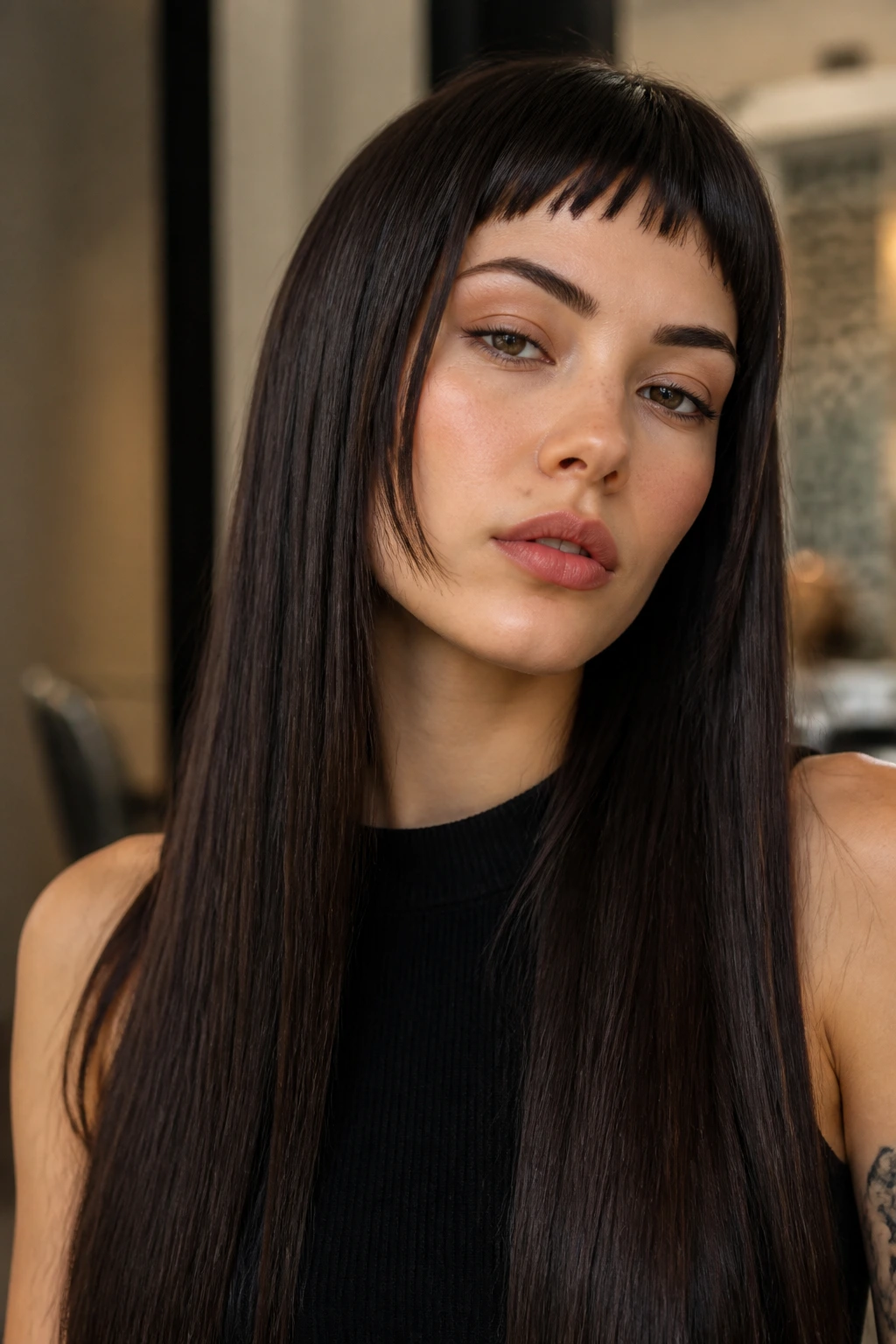 Portrait of a real person with choppy micro-bangs and ultra-long strands