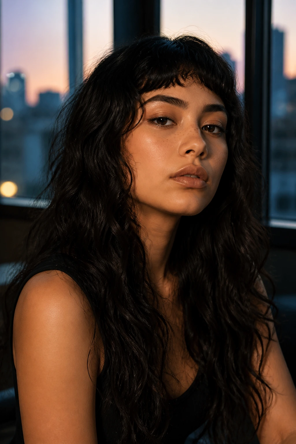 Close-up of a real woman with micro-bangs and long waves hairstyle