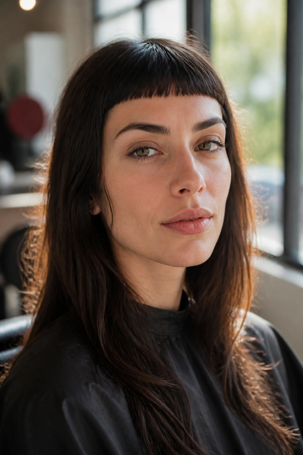 Close-up portrait of a real woman with micro bangs across the forehead