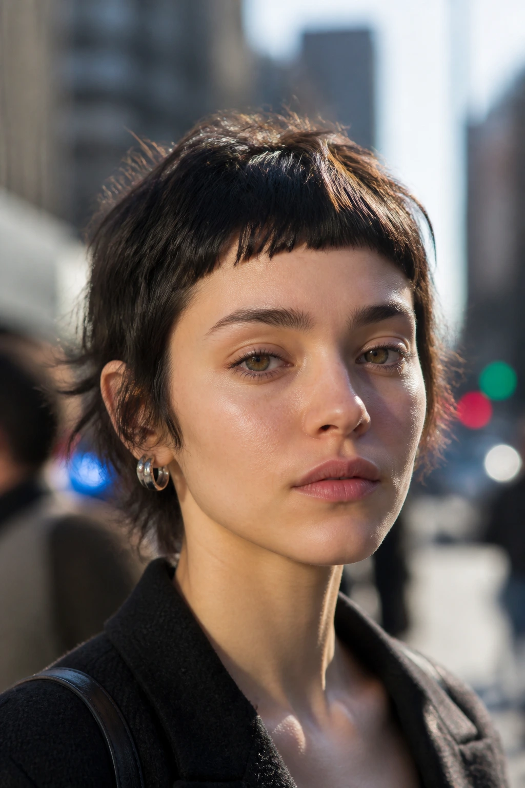 Close-up of a real woman with micro bangs above the eyebrows in morning urban light.