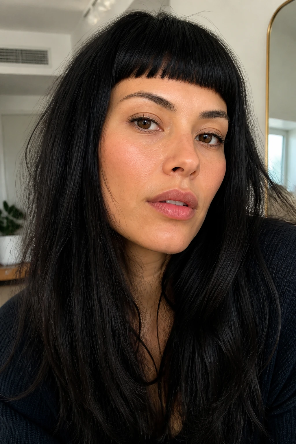 Close-up portrait of a woman with micro bangs