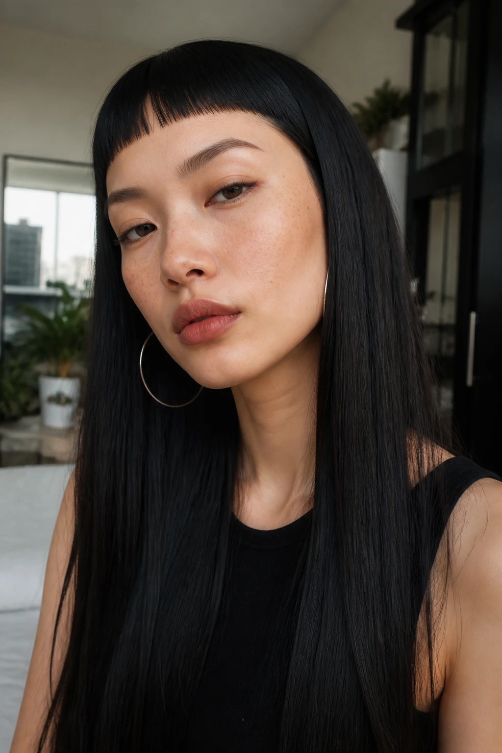 Close-up of a real person with micro baby bangs and razor-cut straight strands.