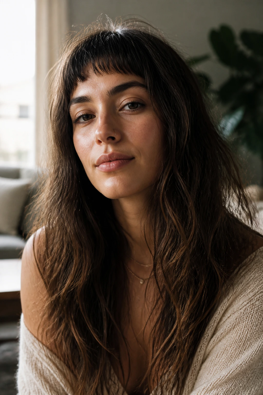 Close-up of a real person with micro bangs and seamless layers