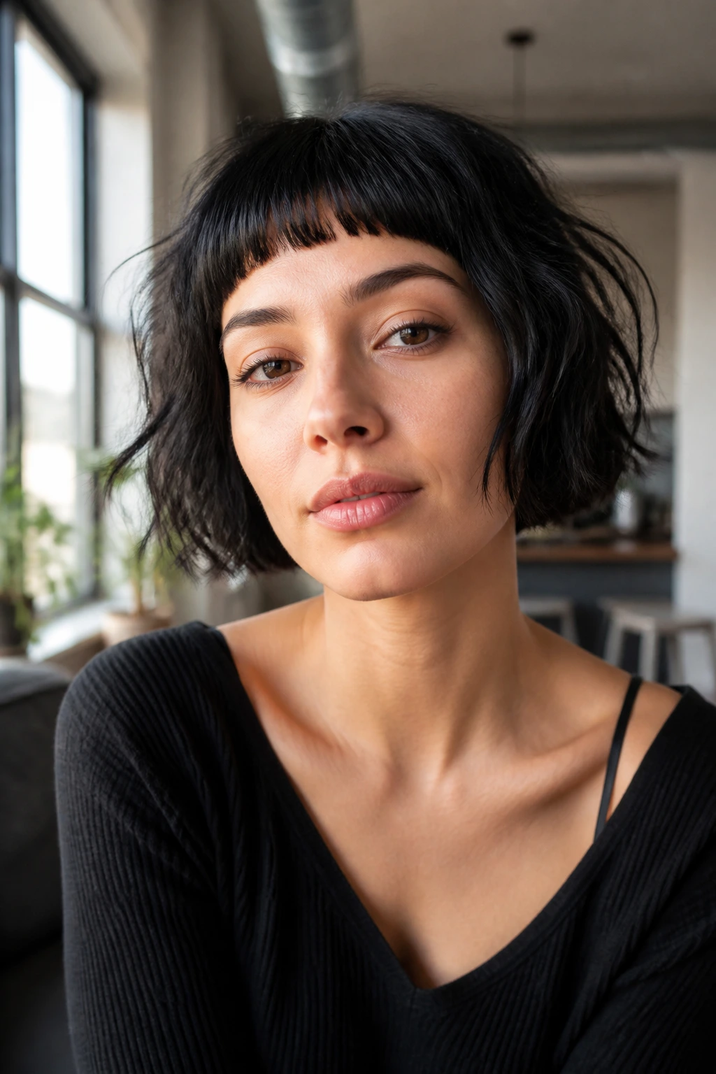 Portrait of a real woman with micro-bangs and textured bob