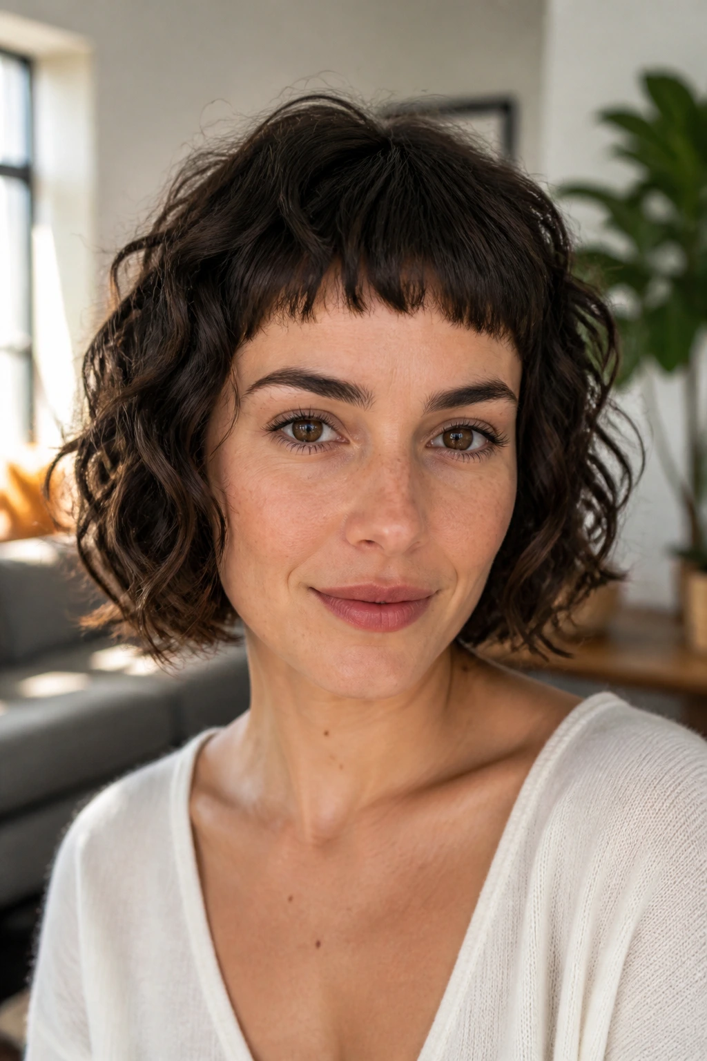 Real woman with micro-bangs and textured lob curls
