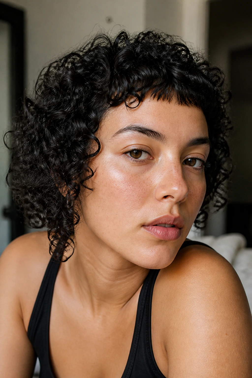 Portrait of a person with micro-bangs on tight spiral curls